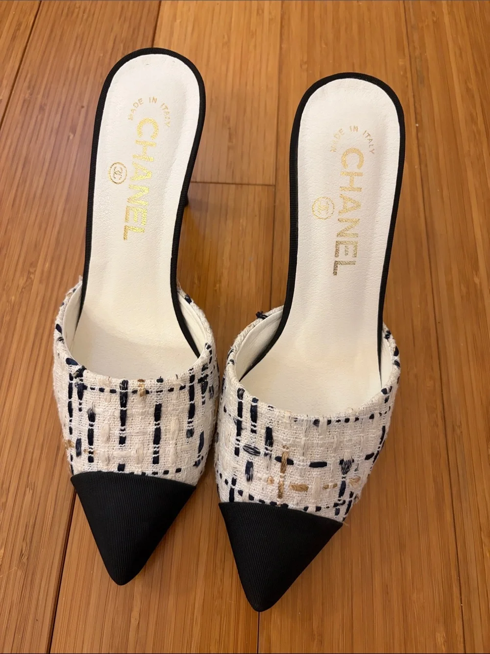 CHANEL White Tweed Slide Mules with Black Pointed Toe